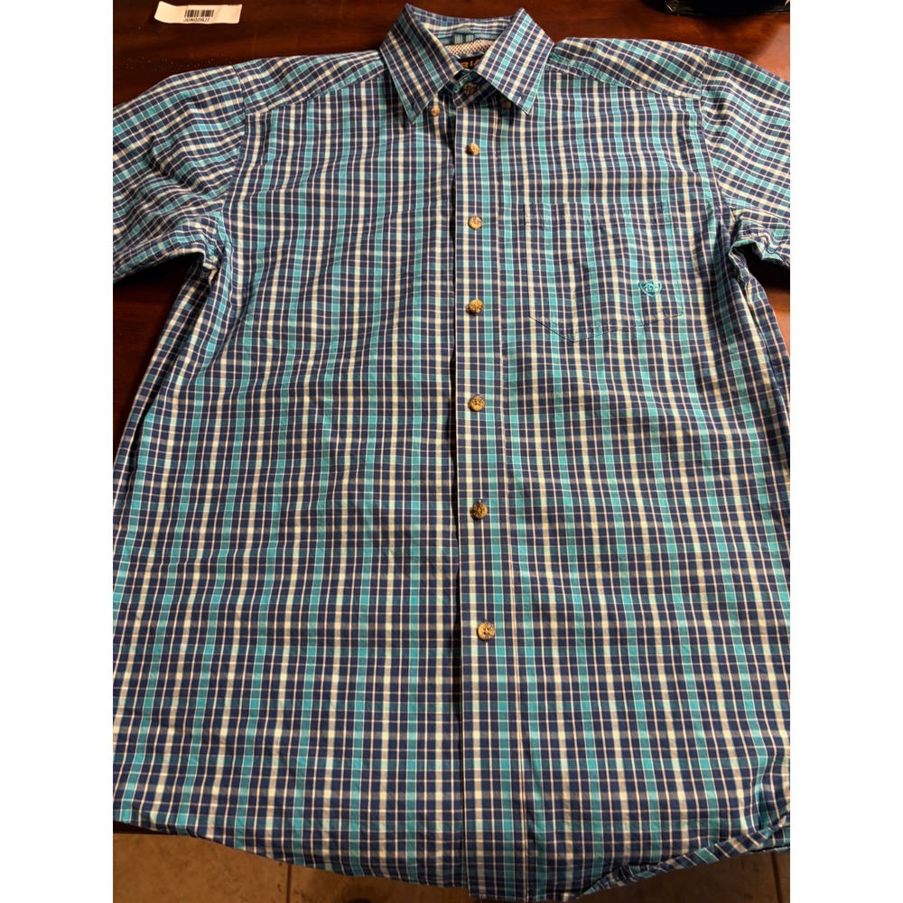 Ariat Pro Series Mens Small Blue Teal Plaid Short Sleeve Button Down Shirt